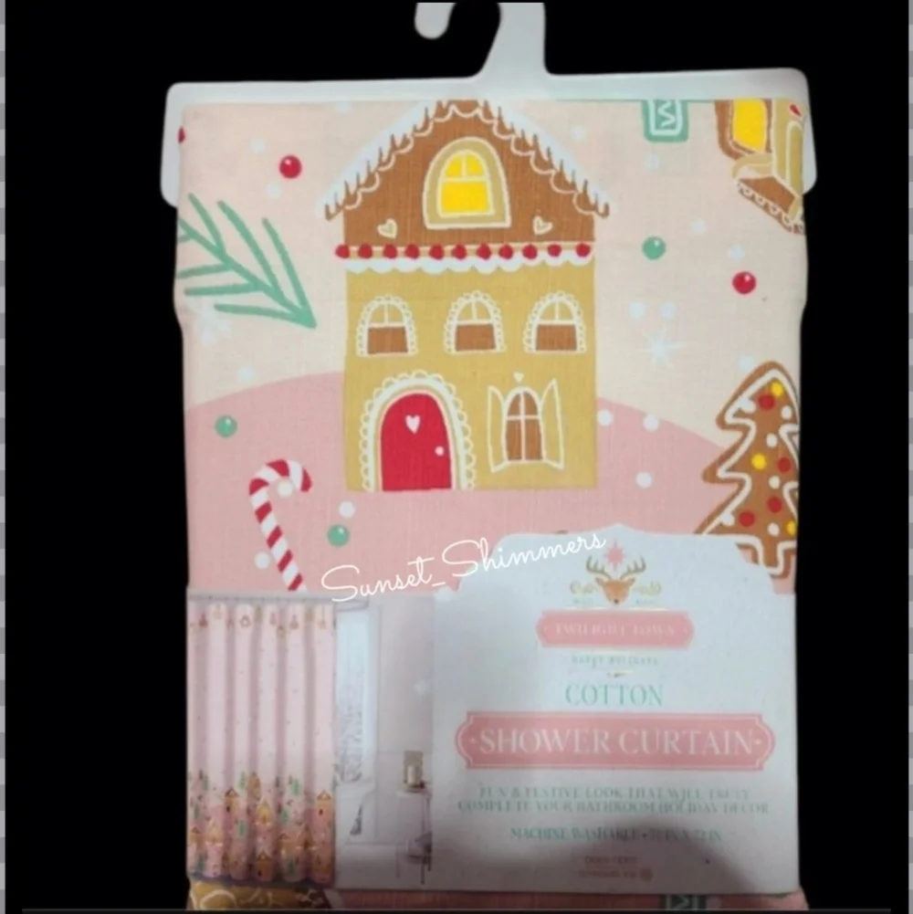 Pink Gingerbread House Christmas Village Fabric Shower Curtain Bathroom Decor
